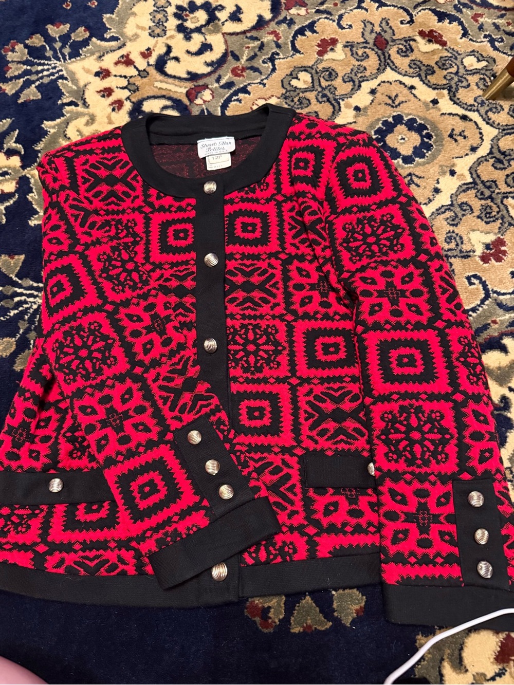 Stuart Allen Petites Red & Black Patterned Knit Cardigan Sweater